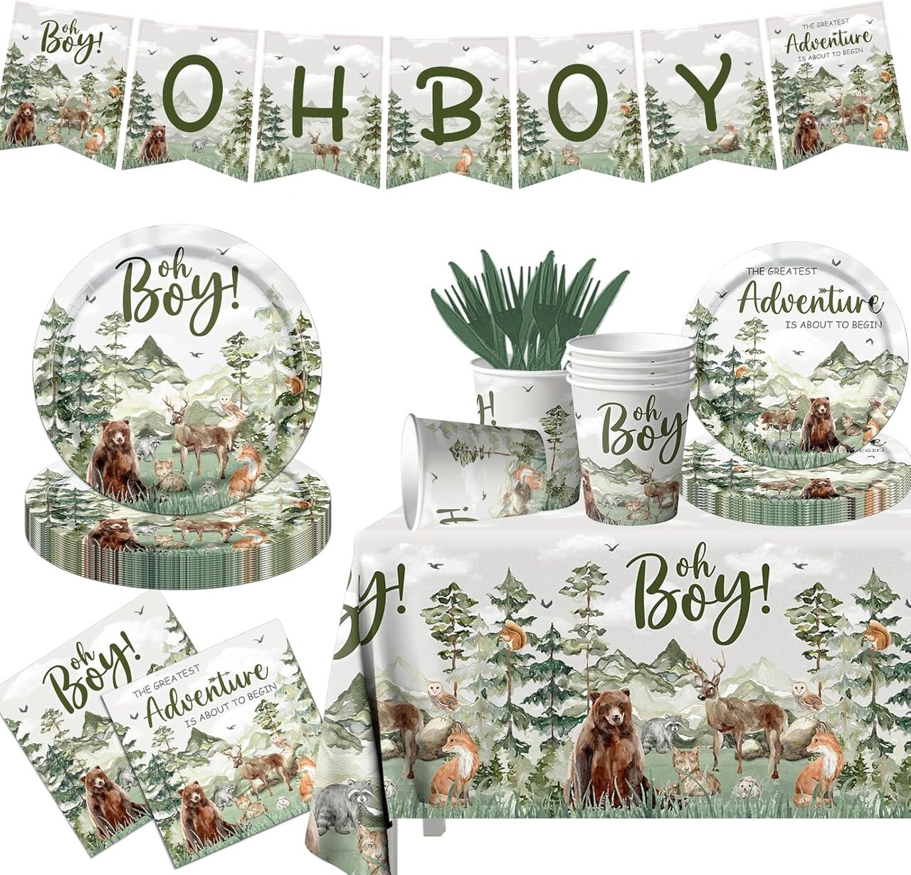 Let The Adventure Begin Baby Shower Tableware,Woodland Baby Shower (Green)